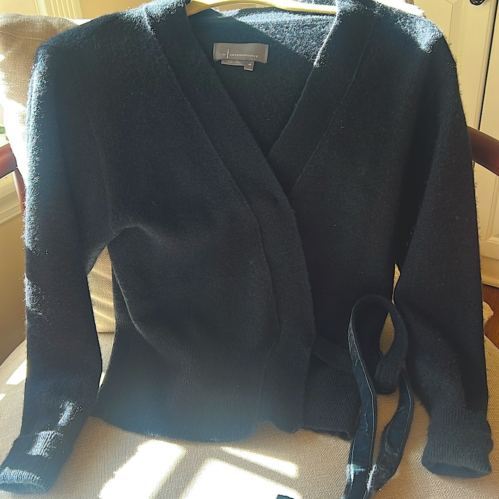 Anthropologie black wrap sweater with velvet trimmed side tie